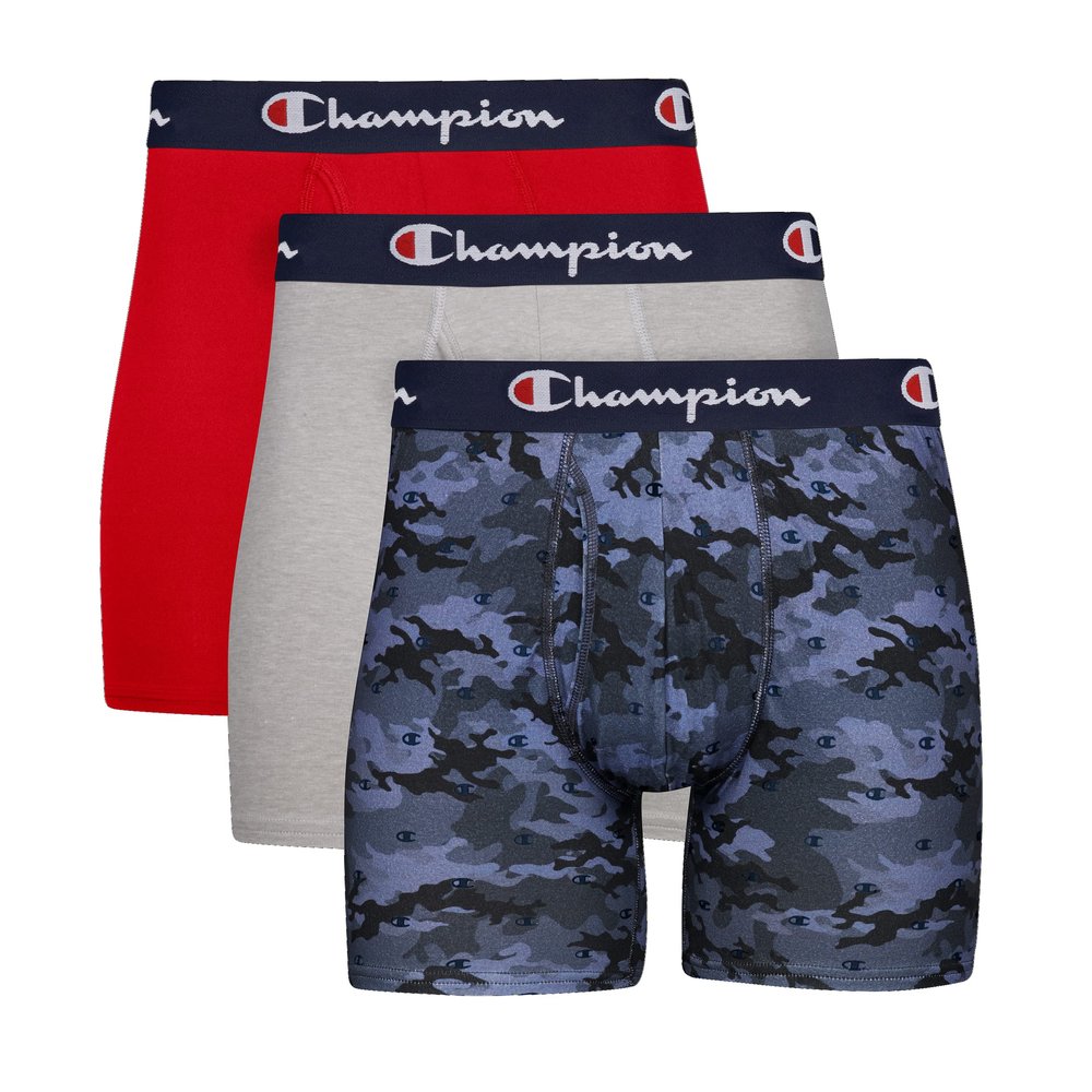 Champion Men's Underwear Boxer Briefs, Cotton Stretch, Total Support Pouch, Moisture-Wicking, No Ride-Up Fit, 3-Pack