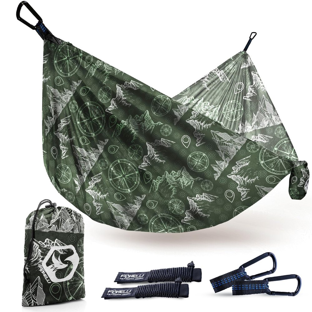 Foxelli Camping Hammock Ultralight Hammock for Backpacking, Hiking, Festivals, Travel - Easy Setup with Tree-Friendly Ropes & Steel Carabiners, Heavy Duty Parachute Nylon