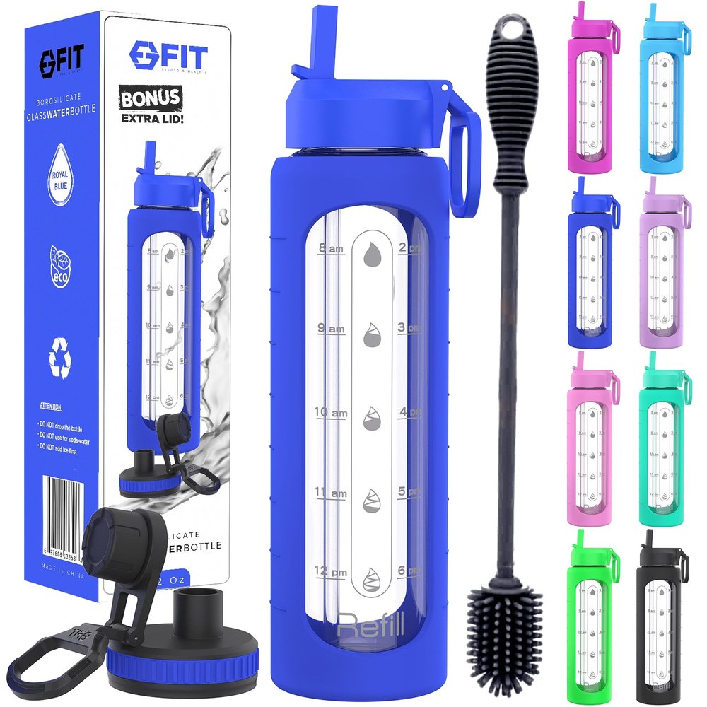 32 oz Glass Water Bottle with Time Marker Reminder - EXTRA LID, Reusable, Wide Mouth, Leakproof, 1 Liter Glass Drinking Bottle, BPA Free, Motivational Water Bottles (Royal Blue, with Brush)
