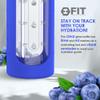 32 oz Glass Water Bottle with Time Marker Reminder - EXTRA LID, Reusable, Wide Mouth, Leakproof, 1 Liter Glass Drinking Bottle, BPA Free, Motivational Water Bottles (Royal Blue, with Brush) view 3