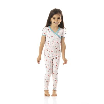 KicKee Pants Print Pajamas Set, Short Sleeve Kimono Style PJs with Scallop Edge, Ultra Soft and Snug Fitting (Macaroon Floral Vines - 2T)