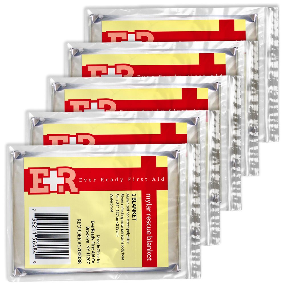 Ever Ready First Aid Mylar Rescue Blanket, Large Silver Thermal Sheet for Emergency and Survival, 54 x 84 5 Count