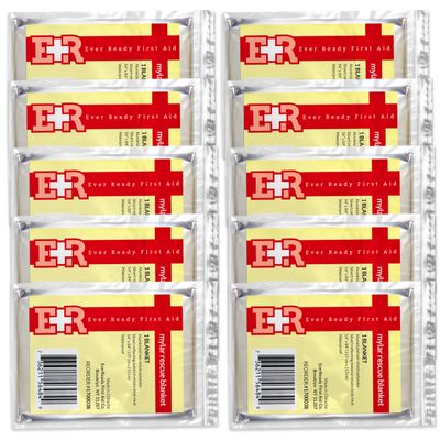 Ever Ready First Aid Mylar Rescue Blanket, Large Silver Thermal Sheet for Emergency and Survival, 54 x 84 10 Count
