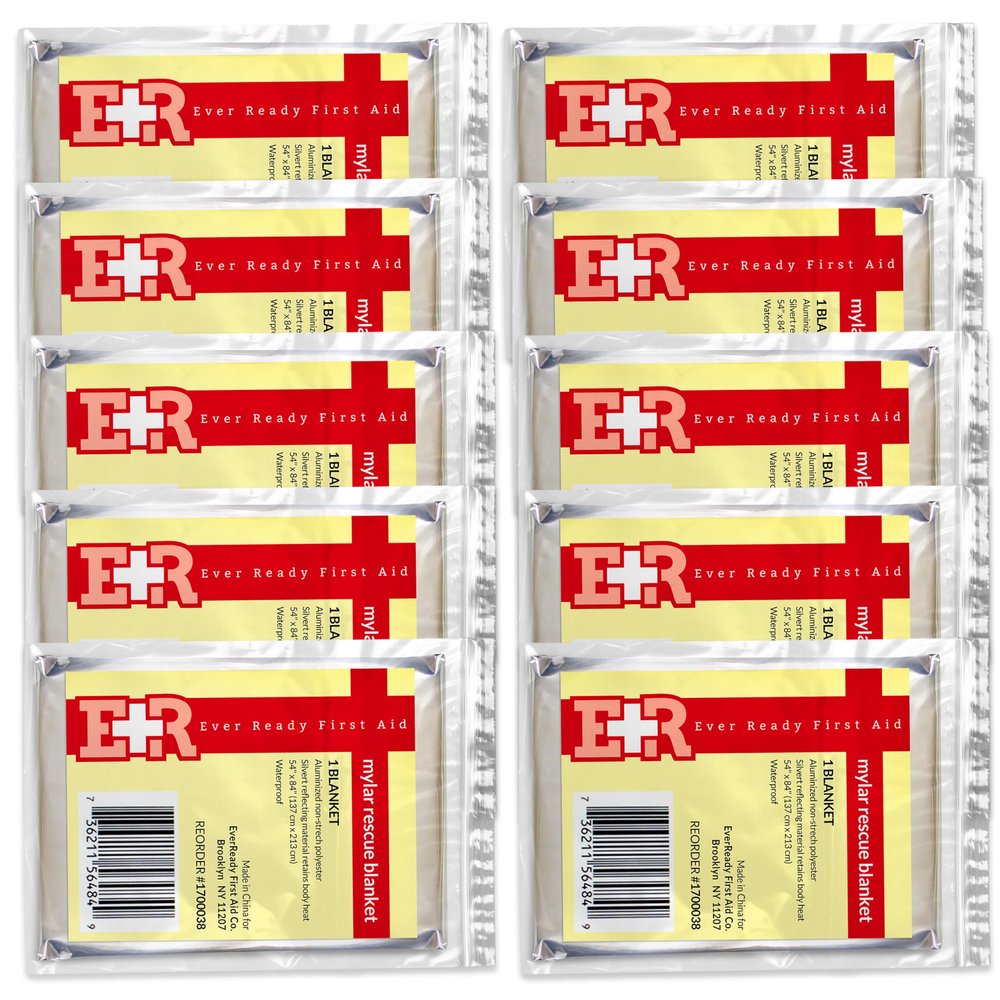 Ever Ready First Aid Mylar Rescue Blanket, Large Silver Thermal Sheet for Emergency and Survival, 54 x 84 10 Count