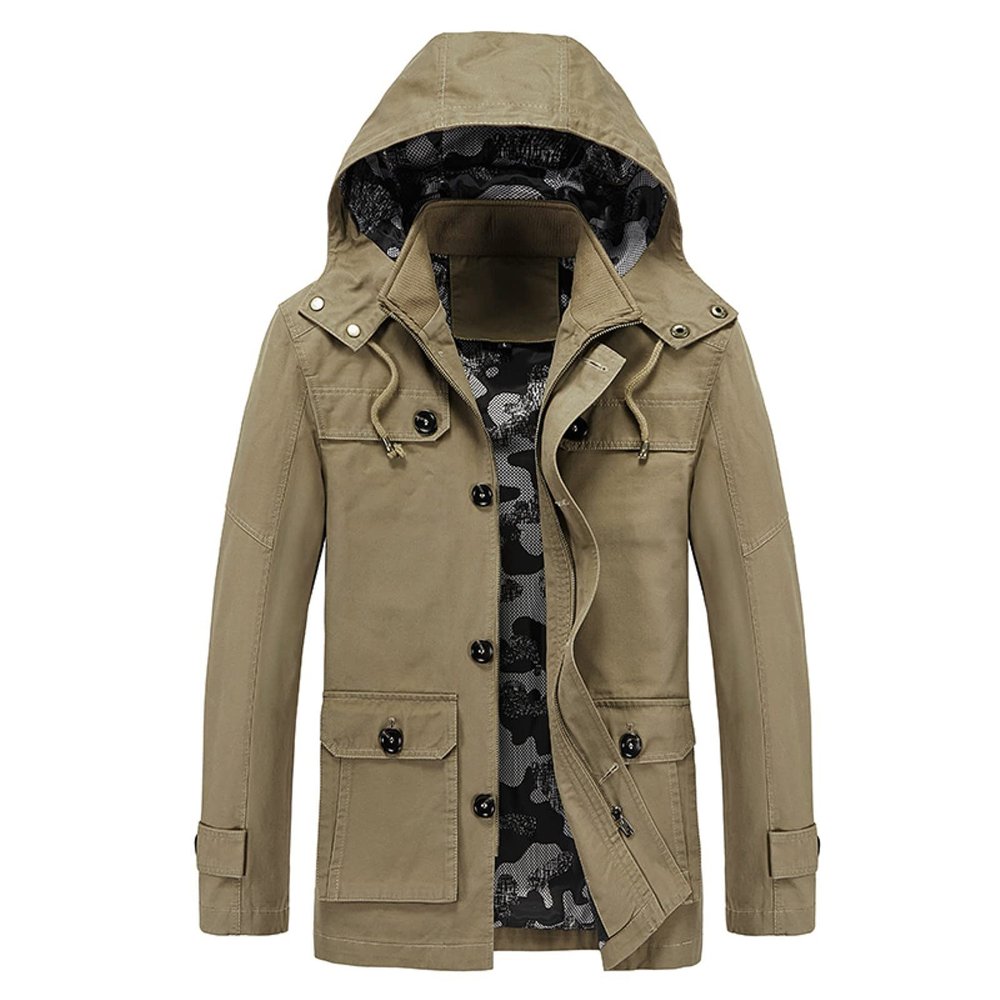 QWENTMTNTY Mens Single Breasted Trench Coat Cotton Military Full Zip Quilted Lined Pea Coat Jacket Contrast Camo Windbreaker