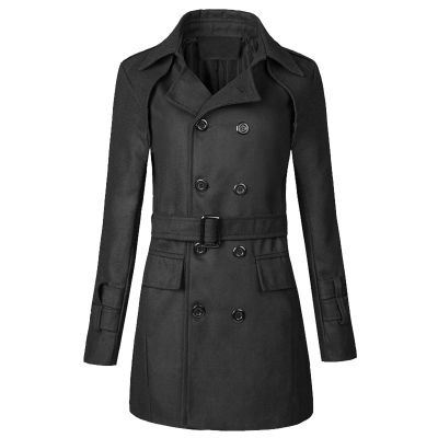 QWENTMTNTY Mens Classic Wool Double Breasted Pea Coat with Belt Notch Collar Slim Fit Trench Coat Mid Long Business Overcoat Pocket