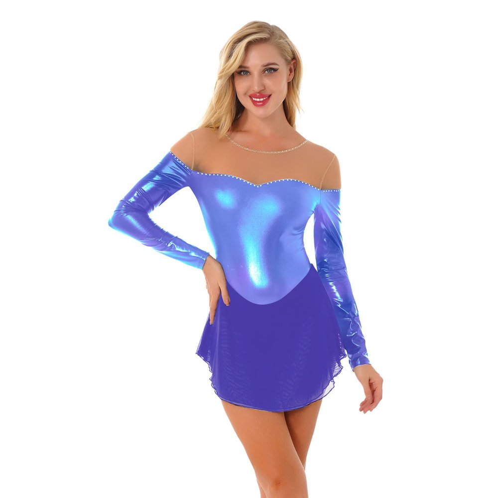 renvena Women's Figure Ice Skating Dress Long Sleeve Mesh Skirted Leotard Competition Performance Costumes Purple Large