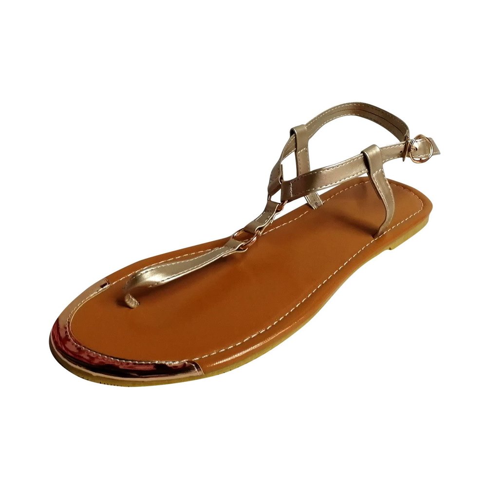 oiangi Thong Strap Sandals for Women Flat Summer Fashion Casual Metal Ring Buckle Open Toe Beach Shoes Lightweight Comfortable Trendy Ladies Sandalias Gold