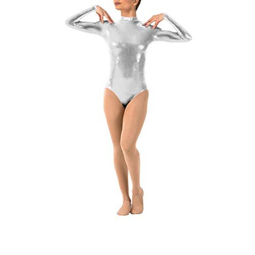 OBEEII Womens Classic Long Sleeve One Piece Leotard Ballet Dance Costume Silver B M