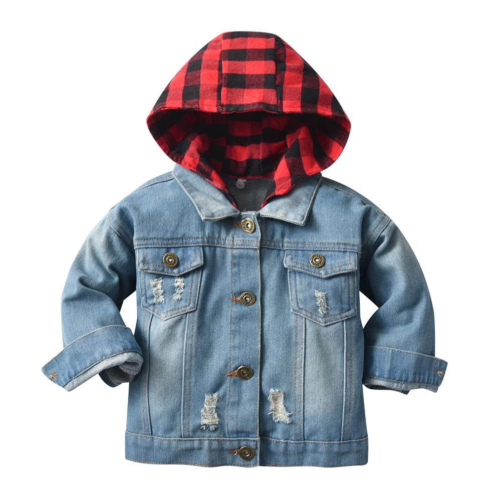 Baby Jean Jacket Infant Newborn Denim Jacket Coat Cowboy Outwear Ripped Toddler Lumberjack Buffalo Plaid 1st Christmas Outfit Photoshoot Kids Girls Boys Fall Outfits Winter Hoodie Clothes Red 2-3T