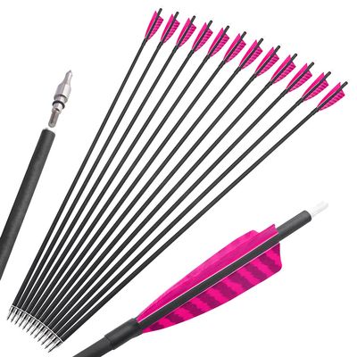 30 inch Archery Carbon Arrows Hunting Arrows with 4" Camo Feather Fletching 100 Grain Replaceable Points Targeting Practice Arrows Spine 500 for Recurve Bow Compound Bow Longbow (12 pcs, Pink)