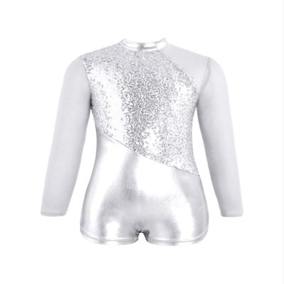 Aislor Kids Girls Mesh Splice Sequins Metallic Long Sleeves Gymnastics Leotards Sports Unitard Ballet Dance Jumpsuit Silver 6 Years