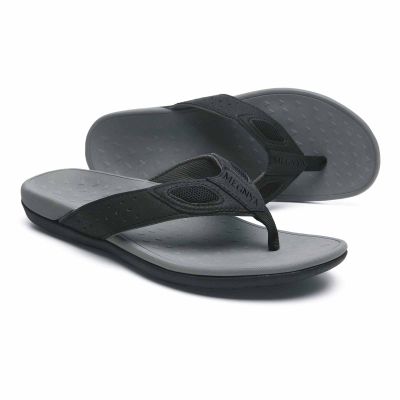 MEGNYA Comfotr Mens Orthotic Flip Flops Thong Sandals for Flat Feet Plantar Fasciitis with Arch Support Soft Toe-Post Slippers Indoor black&grey Size 10