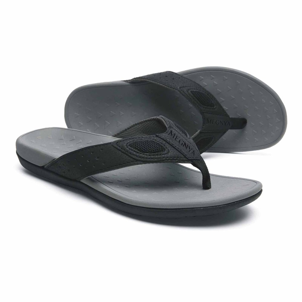 MEGNYA Comfotr Mens Orthotic Flip Flops Thong Sandals for Flat Feet Plantar Fasciitis with Arch Support Soft Toe-Post Slippers Indoor black&grey Size 10