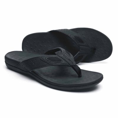 MEGNYA Mens Orthopedic Walking Sandals with Arch Support Flat Feet Flip Flops Thong for Plantar Fasciitis Pain Casual Outdoor Sport pure black Size 9