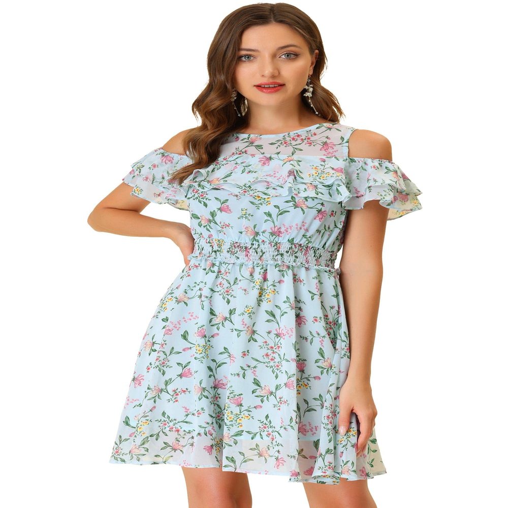 Allegra K Cold Shoulder Dresses for Women's Summer Smocked Waist Chiffon Floral Mini Dress Large Light Blue