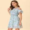 Allegra K Cold Shoulder Dresses for Women's Summer Smocked Waist Chiffon Floral Mini Dress Large Light Blue view 2