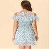 Allegra K Cold Shoulder Dresses for Women's Summer Smocked Waist Chiffon Floral Mini Dress Large Light Blue view 4