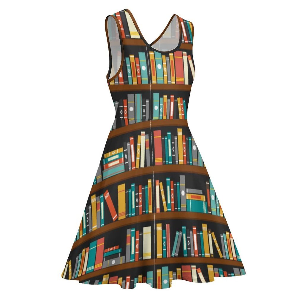 BAIKUTOUAN Library Book Shelf Sleeveless Swing Dress Beach Mini for Women Print