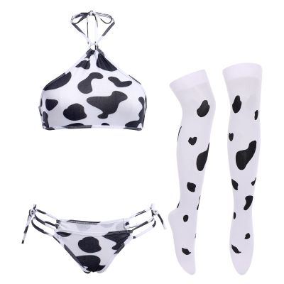 IDOPIP Women Sexy Milk Cow Maid Lingerie Set Anime Lolita Japanese Cosplay Mini Bikini Bra Underwear Nightwear Outfit Set with Stockings Fancy Dress Costume 011 White Cow Halter + Stockings One Size