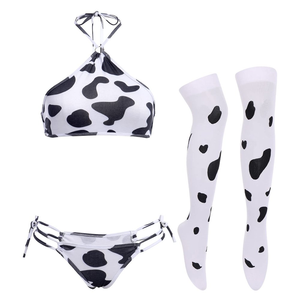 IDOPIP Women Sexy Milk Cow Maid Lingerie Set Anime Lolita Japanese Cosplay Mini Bikini Bra Underwear Nightwear Outfit Set with Stockings Fancy Dress Costume 011 White Cow Halter + Stockings One Size