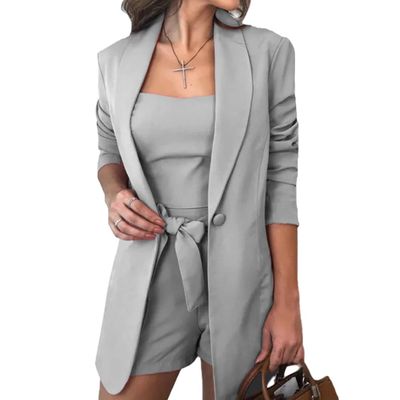 Women Three Piece Blazer Suit Long Sleeve Open Front Blazer Coat Crop Top High Waist Belted Shorts Elegant Lady Suit Sets Grey