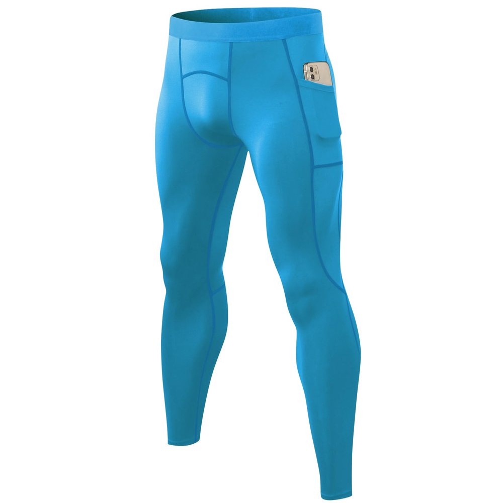 SPVISE Blue Workout Leggings with Pockets Mens Compression Pants Cool Dry Running Gym Tights for Football Riding Basketball