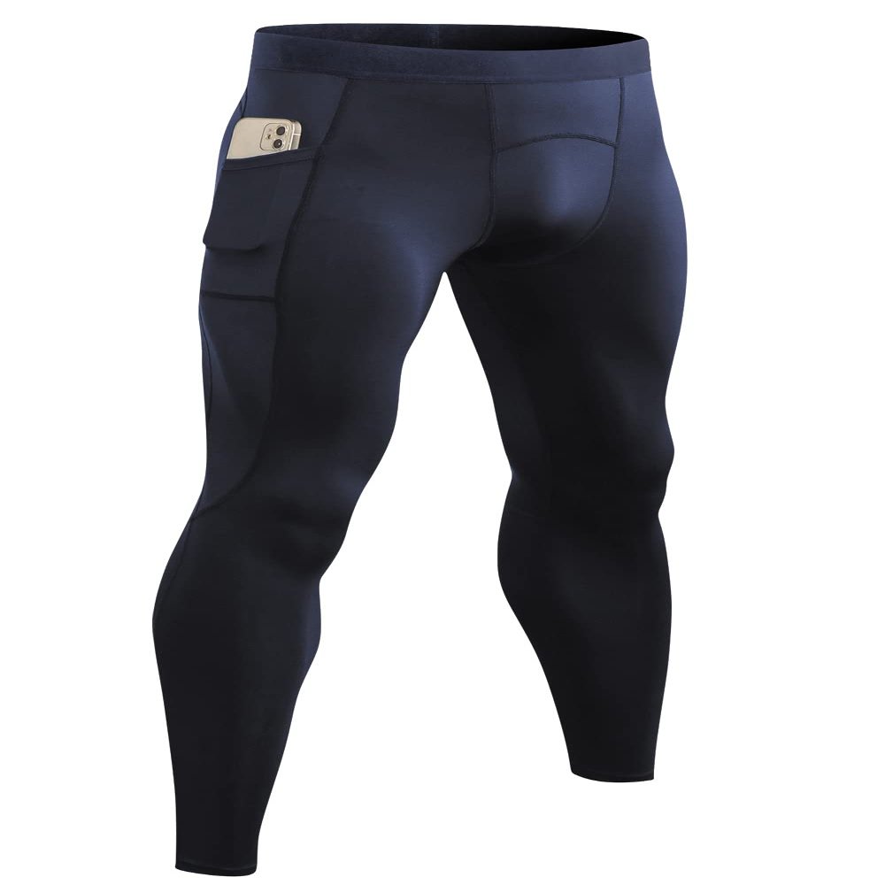Men's Compression Pants Leggings Tights with Pockets Cool Dry Sports Baselayer Athletic Tights for Basketball Running Navy