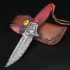 KOMWERO Damascus Pocket Knife, VG10 Damascus Steel Folding Knife with Wood Handle, Leather Sheath, Liner Lock, EDC Knife for Outdoor Survival Hunting Collection view 1