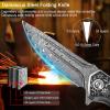 KOMWERO Damascus Pocket Knife, VG10 Damascus Steel Folding Knife with Wood Handle, Leather Sheath, Liner Lock, EDC Knife for Outdoor Survival Hunting Collection view 3