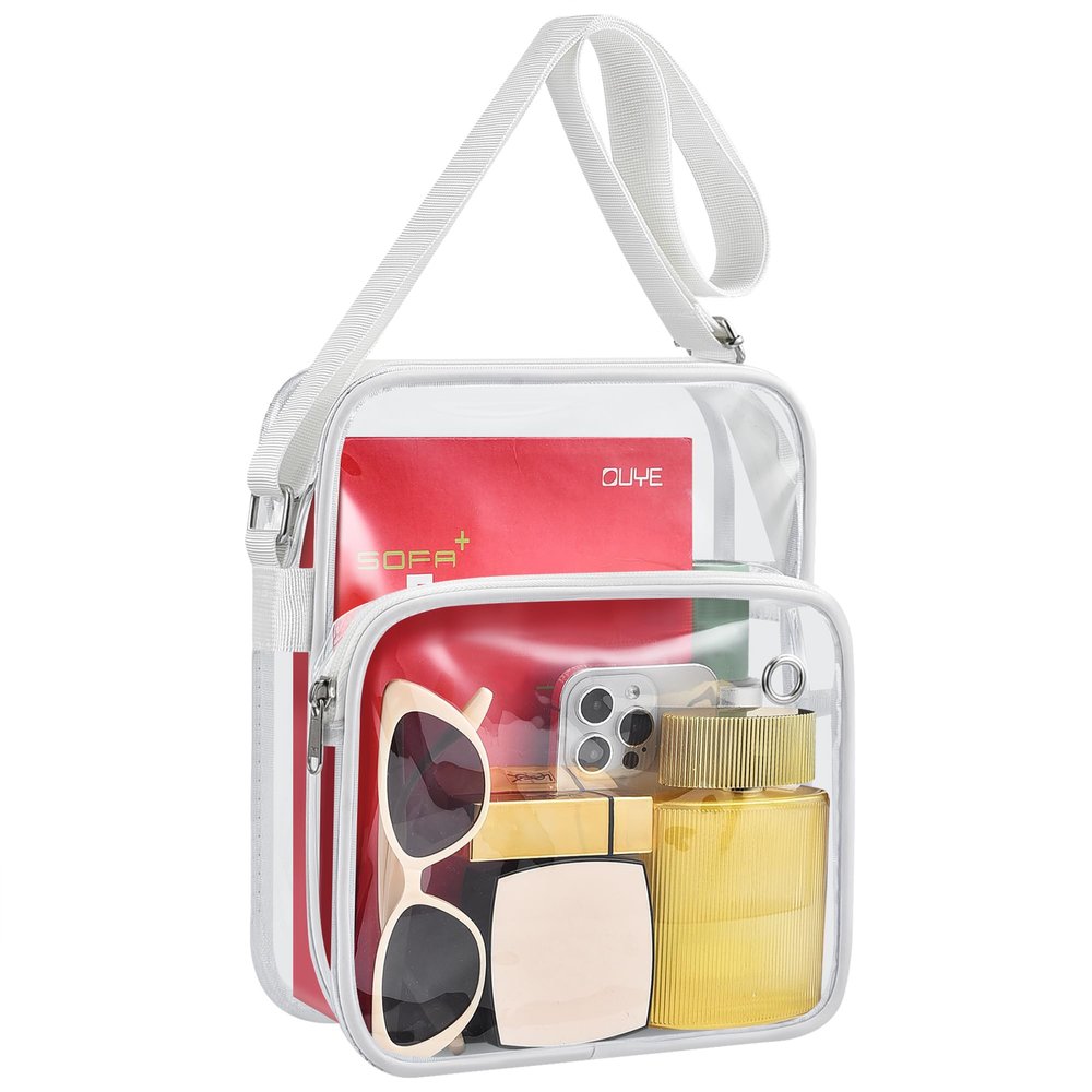 MAY TREE Clear Messenger Bag Stadium Approved Clear Bag Purse for Stadium Events Concert Sport Work (White)