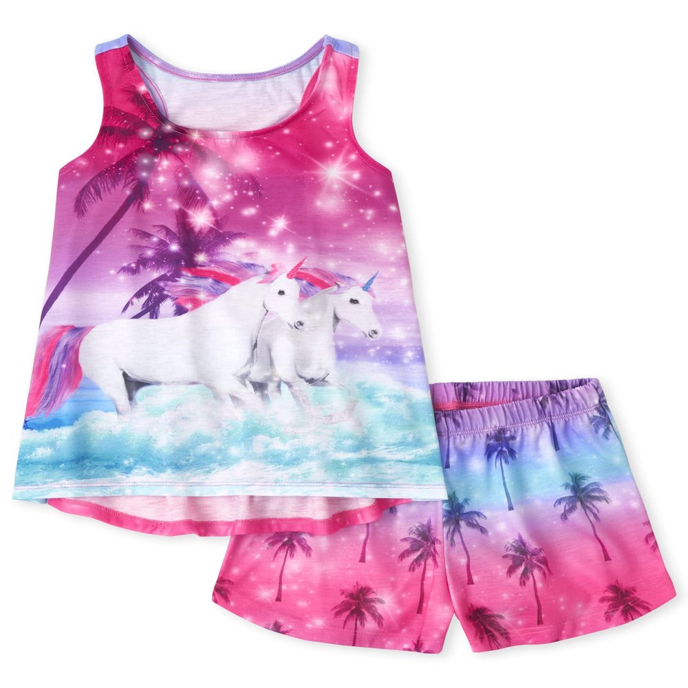 The Children's PlaceThe Children's Place Girls Sleeveless Tank Top and Shorts 2 Piece Pajama SetPALM TREE ALLOVERLarge (10/12)