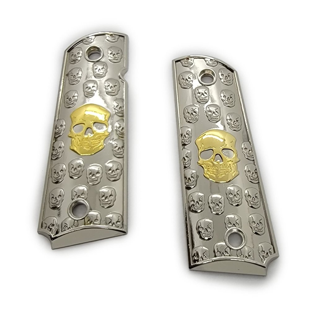Custom 1911 Grips Full Size for Kimber, Colt, Rock Island, Springfield, Taurus, & Clones - 1911 Full Size Metal Nickel Gold Grips