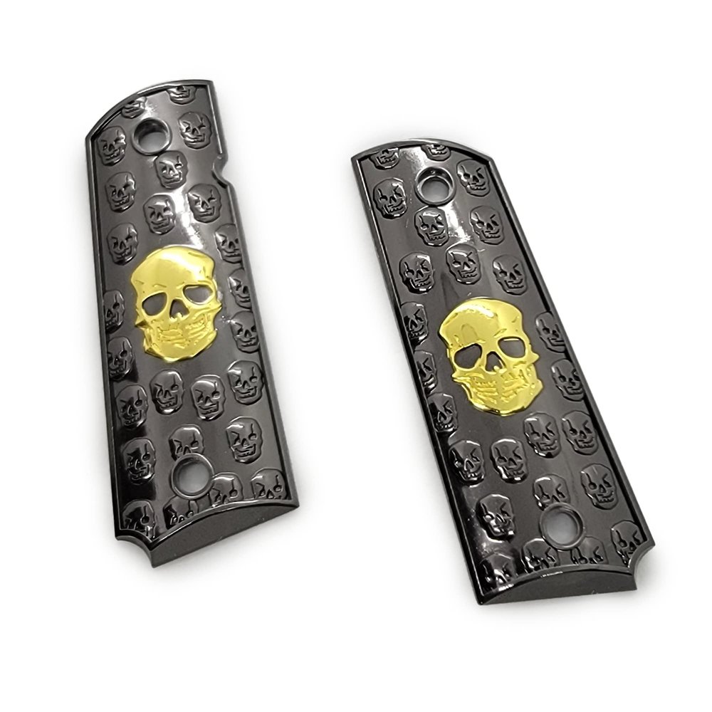 Custom 1911 Grips Full Size for Kimber, Colt, Rock Island, Springfield, Taurus, & Clones - 1911 Full Size Metal Black Gold Grips