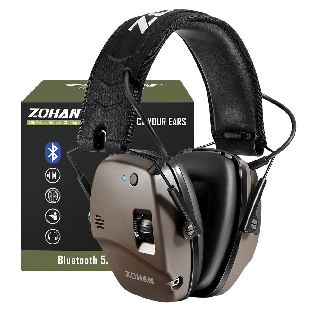ZOHAN 035 Bluetooth 5.4 Shooting Ear Protection Earmuffs with Active Noise Canceling & Sound Amplification, NRR 22dB for Shooting Range & Hunting (Brown)