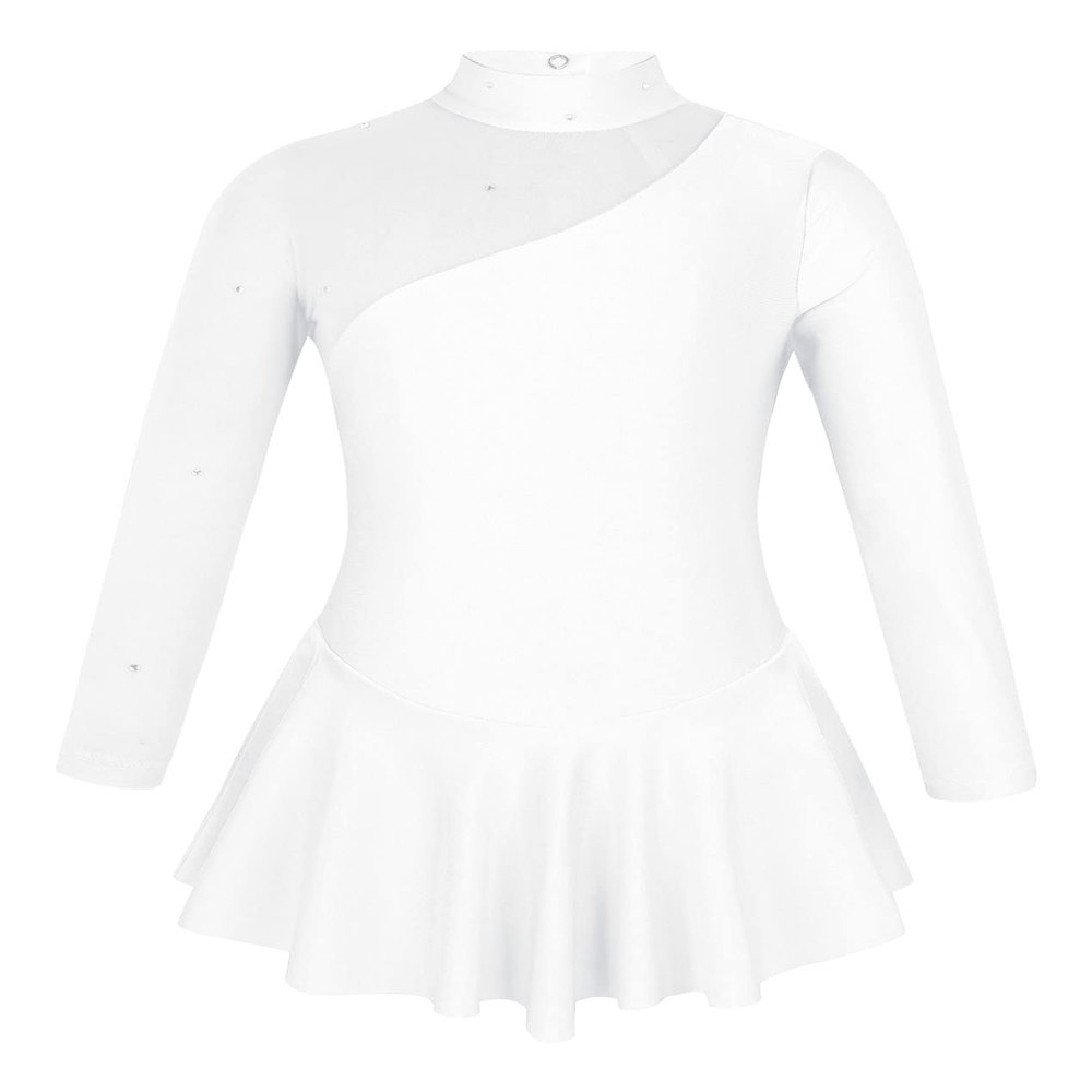 Daenrui Kids Girls Figure Ice Skating Leotard Dress Mock Neck Long Sleeve Gymnastic Ballet Dance Outfits White 4 Years