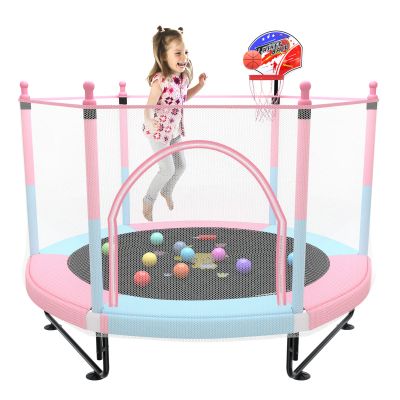 Kawuneeche 5FT Trampoline for Kids Toddler Indoor Trampoline with Safety Enclosure Net, Mini Basketball Hoop, Jumping Mat for Home Entertainment Equipment Outdoor Backyard Games (Blue-Pink)
