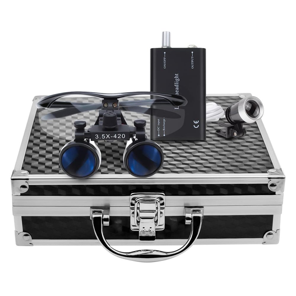 Black3.5X420CM Loupes Magnifying Glasses Working Distance 16inches/420mm with HeadLamp Aluminum Box