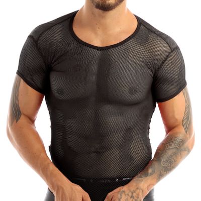 Yihuimin Sexy Men's Sheer Mesh Fitted Short Sleeve Muscle Tank Tops Hollow Out Undershirt Clubwear Black Large