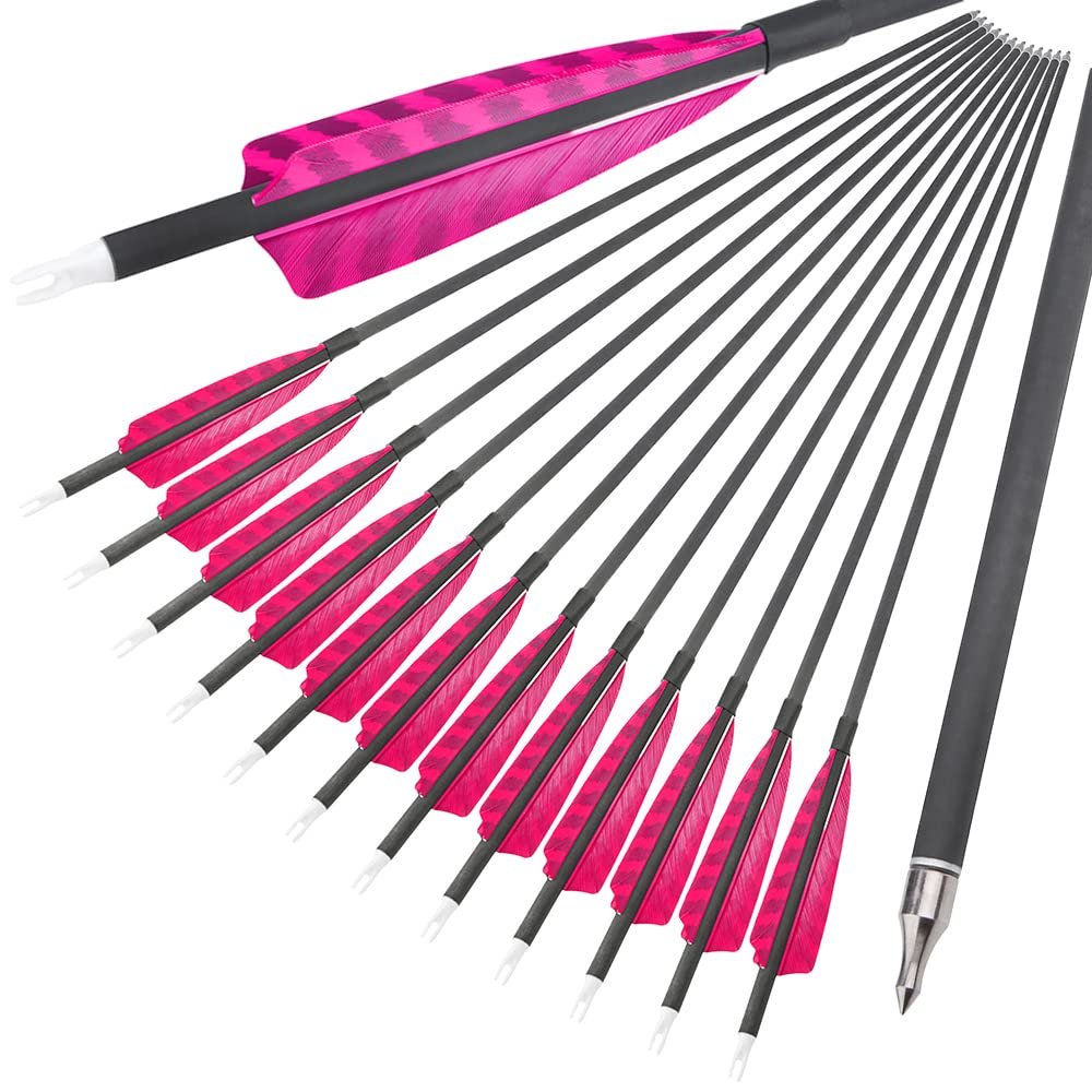 ZSHJGJR 31 Inch Archery Carbon Arrows Spine 500 Hunting Arrows with Removable Tips 4" Camo Feather Fletching Targeting Arrows for Compound & Recurve & Traditional Bow 6/12pcs (Pink, 12)