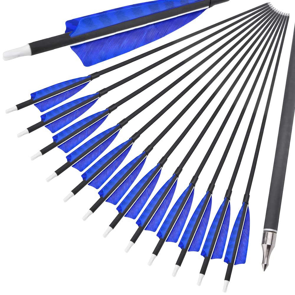 ZSHJGJR 31 Inch Archery Carbon Arrows Spine 500 Hunting Arrows with Removable Tips 4" Camo Feather Fletching Targeting Arrows for Compound & Recurve & Traditional Bow 6/12pcs (Dark Blue, 12)