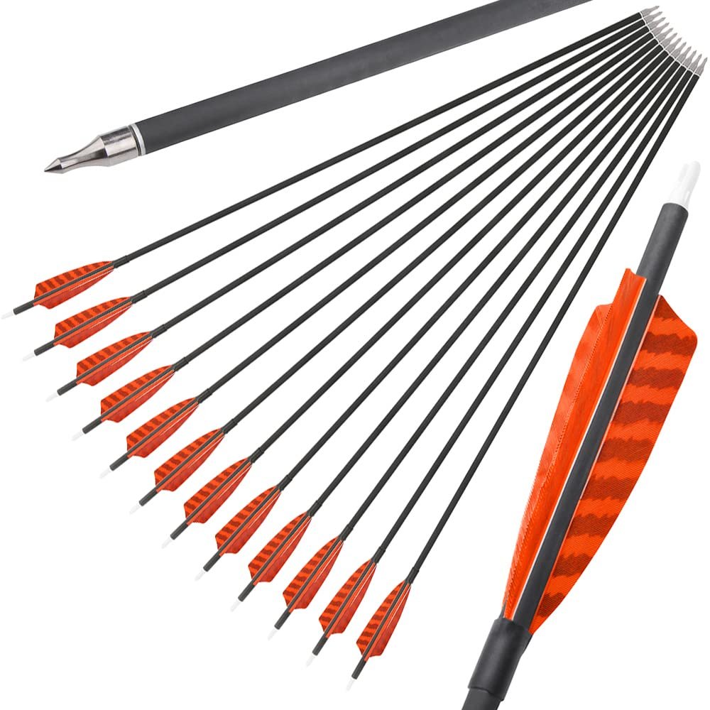 ZSHJGJR 31 Inch Archery Carbon Arrows Spine 500 Hunting Arrows with Removable Tips 4" Camo Feather Fletching Targeting Arrows for Compound & Recurve & Traditional Bow 6/12pcs (Orange, 12)