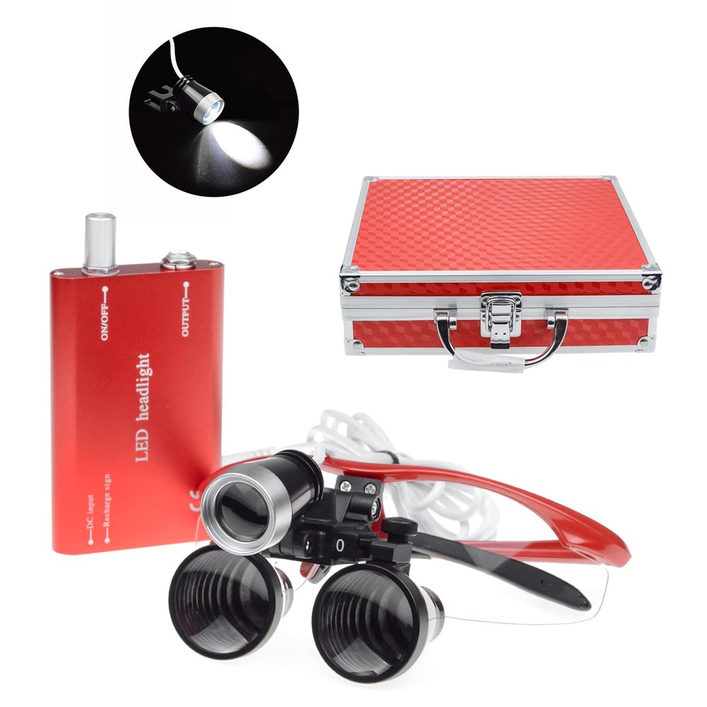 DOC.ROYAL 3.5X420CM Loupes Magnifying Glasses Working Distance 16inches/420mm with HeadLamp Aluminum Box Red