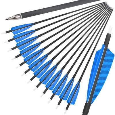 ZSHJGJR 31 Inch Archery Carbon Arrows Spine 500 Hunting Arrows with Removable Tips 4" Camo Feather Fletching Targeting Arrows for Compound & Recurve & Traditional Bow 6/12pcs (Light Blue, 12)