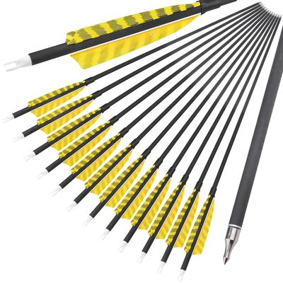 ZSHJGJR 31 Inch Archery Carbon Arrows Spine 500 Hunting Arrows with Removable Tips 4" Camo Feather Fletching Targeting Arrows for Compound & Recurve & Traditional Bow 6/12pcs (Yellow, 12)