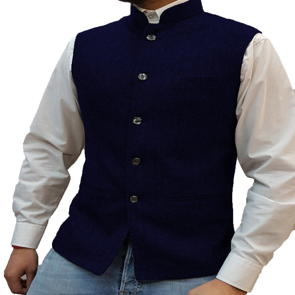 Tuikayoo Mens Herringbone Wool Vests Suit Business Tweed High Collar Waistcoats Slim Fit(X-Large, Navy)
