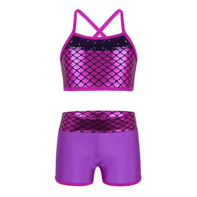 Daenrui Kids Girls 2Pcs Sequins Crop Top with Shorts Tankini Swimsuit Ballet Dance Gymnastics Sports Outfit Rose 10 Years