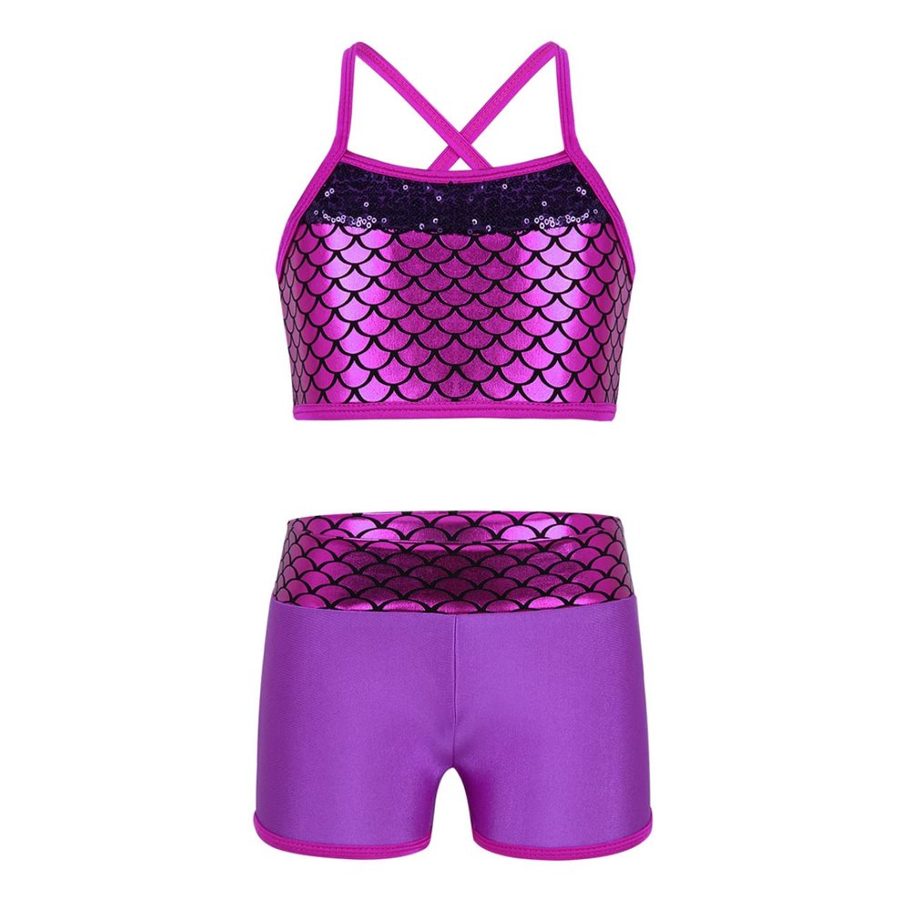 Daenrui Kids Girls 2Pcs Sequins Crop Top with Shorts Tankini Swimsuit Ballet Dance Gymnastics Sports Outfit Rose 10 Years