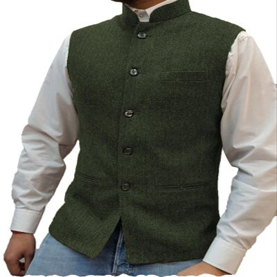 Tuikayoo Mens Herringbone Wool Vests Suit Business Tweed High Collar Waistcoats Slim Fit(Medium, Army Green)