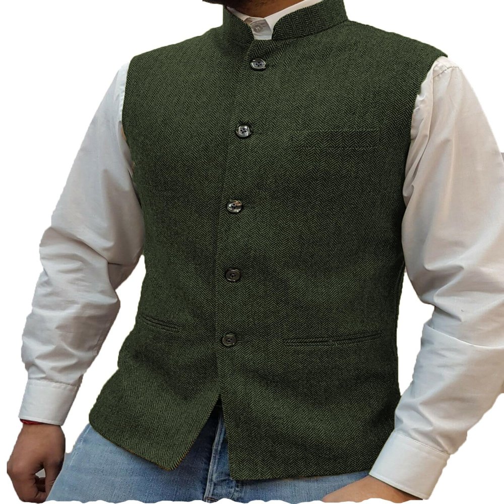 Tuikayoo Mens Herringbone Wool Vests Suit Business Tweed High Collar Waistcoats Slim Fit(Medium, Army Green)